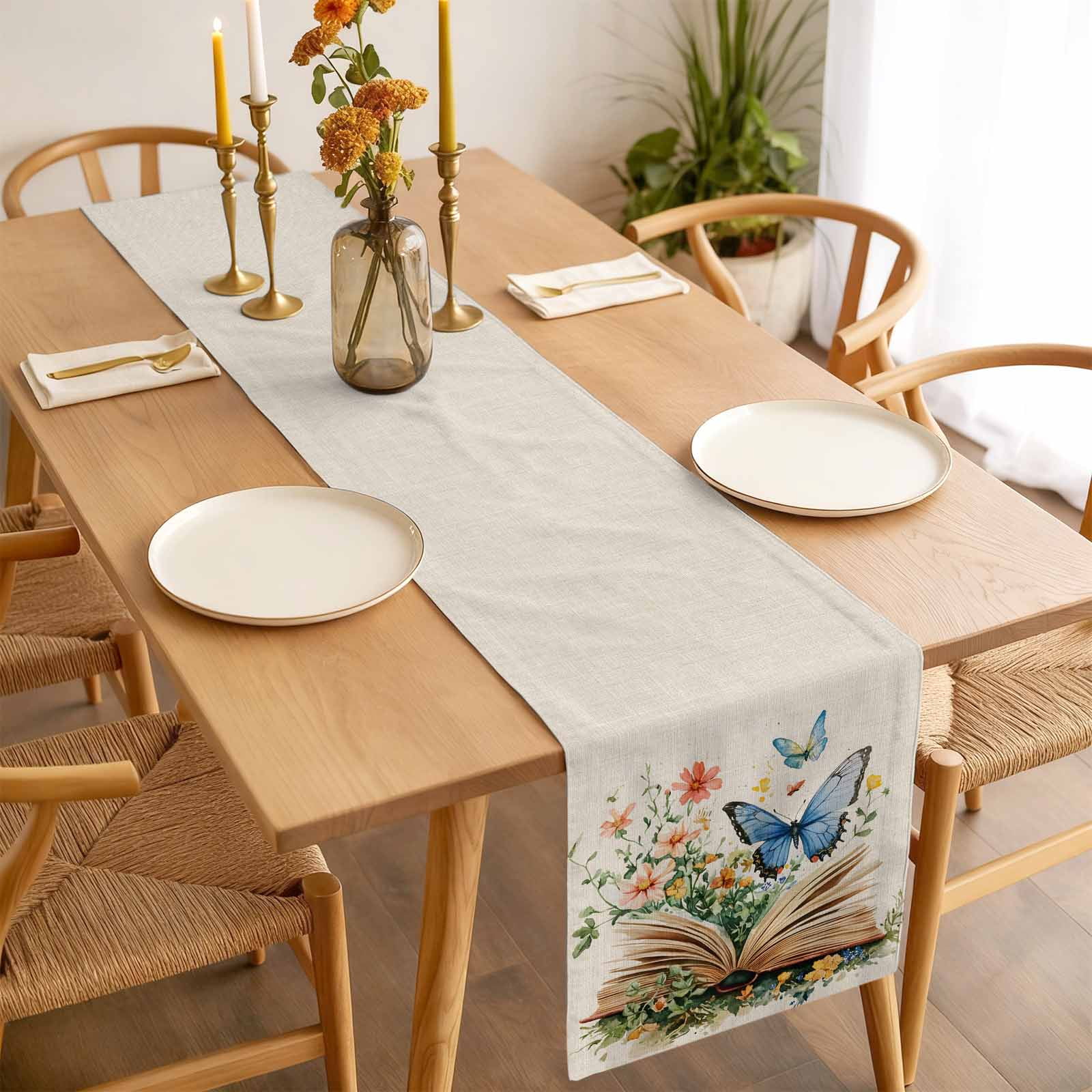 Butterfly Book Table Runner 13x90 inch Spring Flowers Cotton Linen Dining Table Runner Ideal for Dresser Kitchen Coffee Tables - Machine Washable