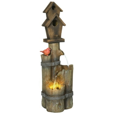 Cascading Garden Waterfall Birdbath, 3 Tiers with Birdbath/Rustic Trunk/Log Design with LED Lights for Porch, Deck, Patio Decor, Subdued Brown Primary Color