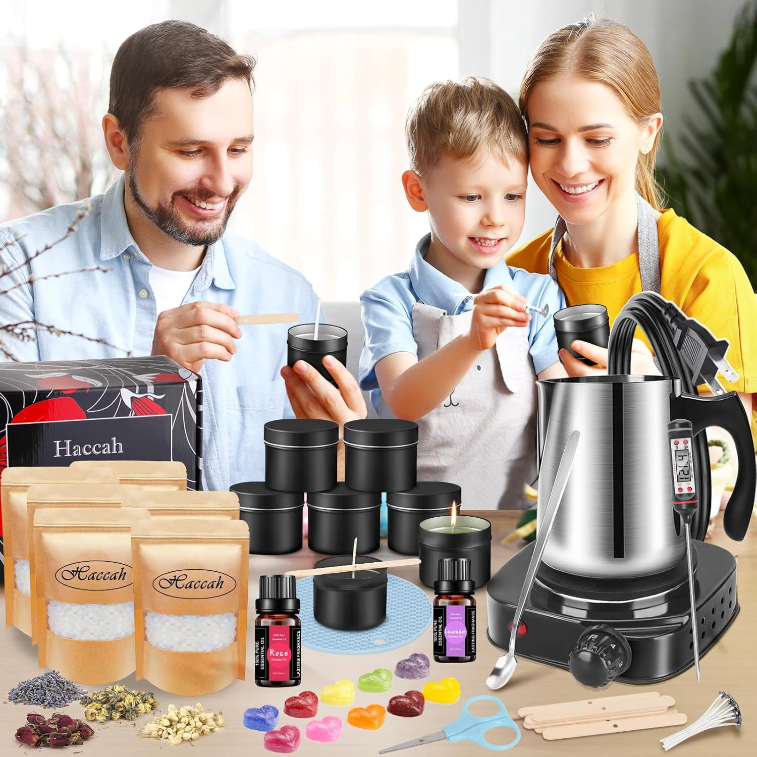 Haccah Complete Candle Making Kit with Wax Melter, 9 Essential Scents, Natural Beeswax, Thermometer, Pouring Pot, Wick Clips, Candle Tins, Dried Flowers