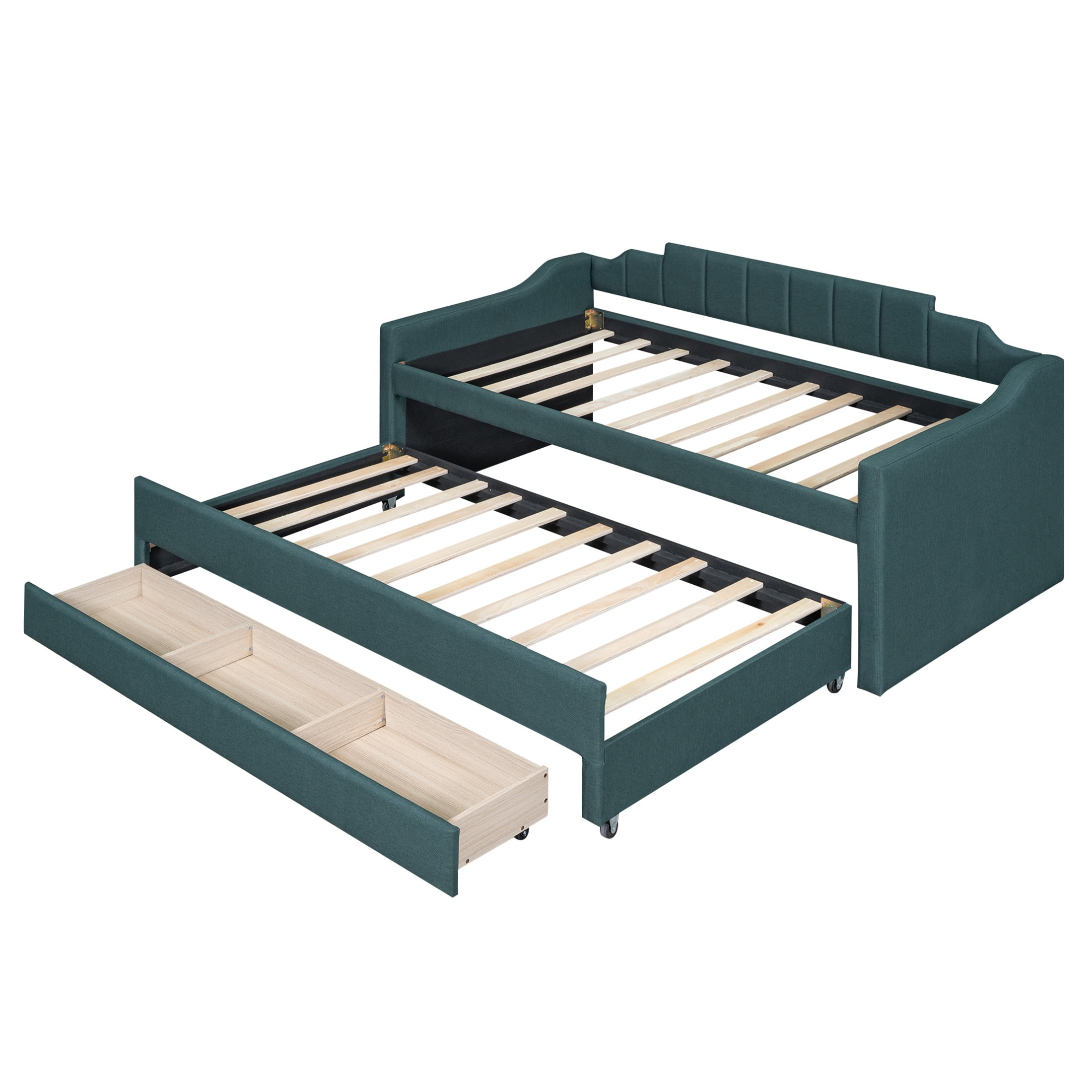 Noble House Norwick Twin Linen-Blend Upholstered Daybed with Trundle and Storage Drawers, Green