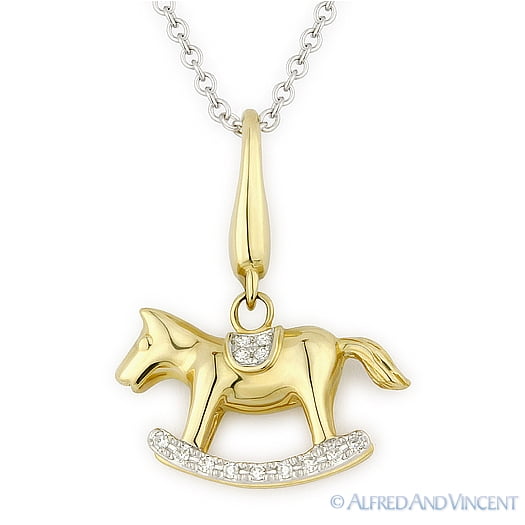0.04ct Round Cut Diamond Rocking Horse Charm Pendant in 14k Yellow & White Gold w/ Free .925 Silver Chain