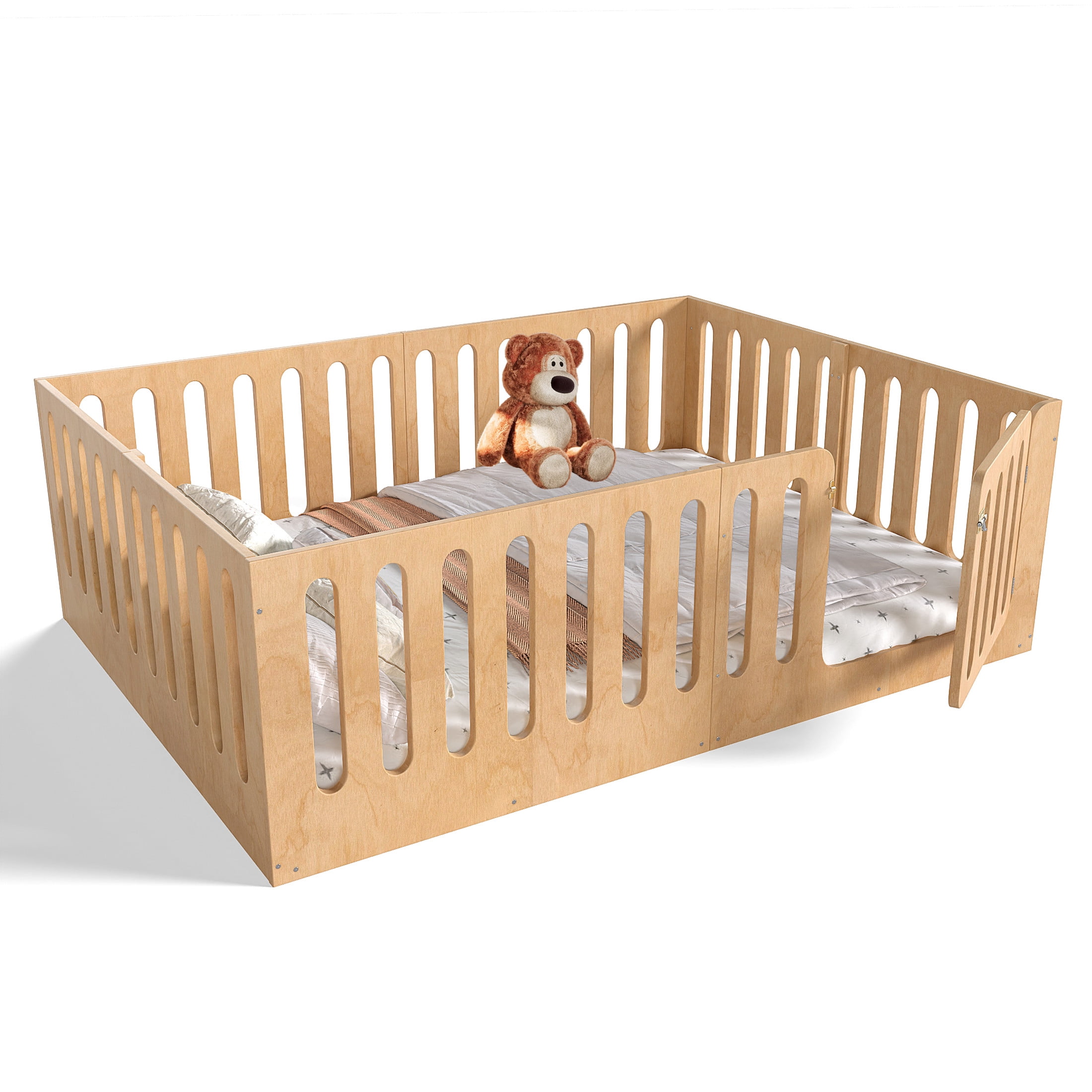 Noble House Queen Size Montessori Floor Bed with High Fence, Solid Wood Kids Bed Frame, Natural