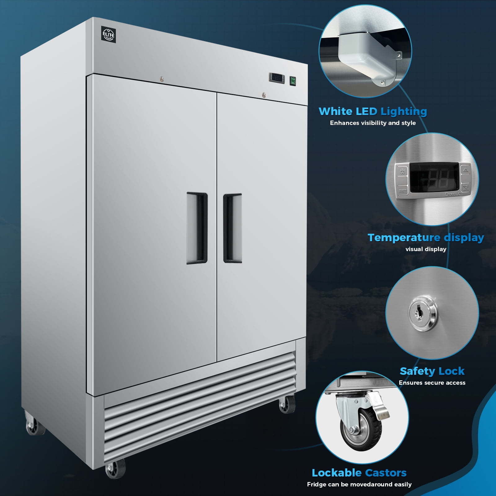 54‘’ Commercial Reach-In Freezer, 2 Solid Doors, Stainless Steel, 49 Cu.Ft, ETL Certified, Heavy-Duty for Restaurant & Kitchen
