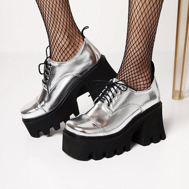 Zapatos de tacón alto grueso para mujer, Color sólido, estilo británico, barnizado, brillante, clásico, Retro, con cordones, zapatos de cuero, botines de punta cuadrada Wmkox8yii hfjk2172