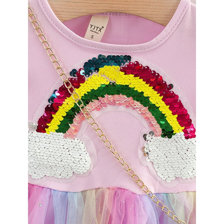 MAHUAOYIXI Jeune Fille 2 PCS Ensemble Robe en Tulle avec Arc en Ciel Sequin Ours Robe de Princesse El gant et Mignon Rose 6 18 Months