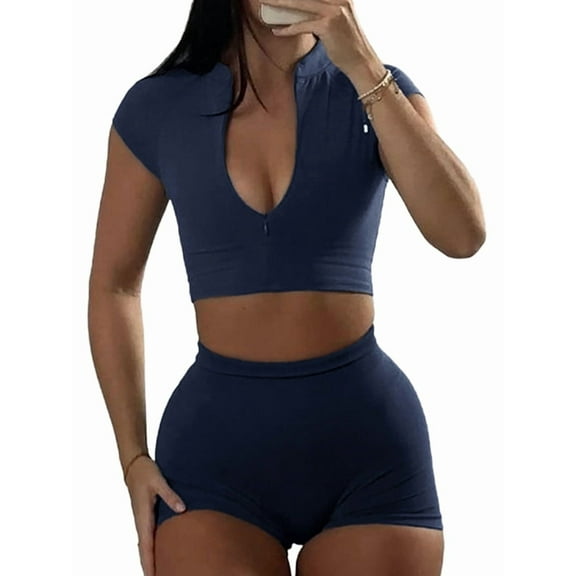 Workout Yoga Outfits for Women 2 Piece Seamless High Waist Shorts Womens Tracksuits Exercise Set Navy Blue L