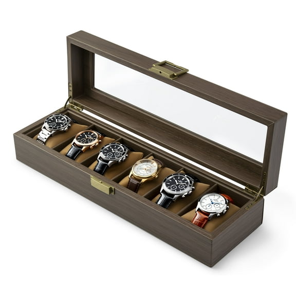 Mimifly Wood Watch Box, Watch Storage Case Holder Watch Organizer with Glass Display Lid for Men and Women, 6 Slots