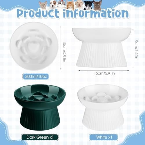 2 Pcs Raised Cat Slow Feeder Bowl Ceramic Elevated Cat Dog Food Bowl No Spill High Edge for Dry Wet Food and Water Easy to Clean, Dishwasher Safe (Dark Green,White)