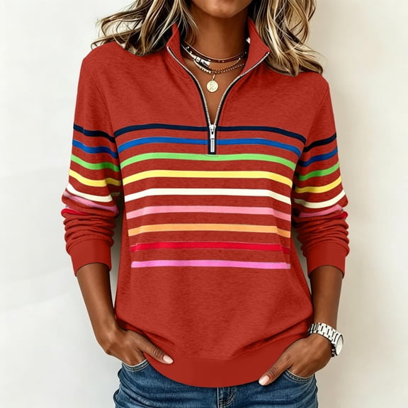 Trikvn Striped Quarter Zip Pullovers for Women Long Sleeve Sweatshirts Casual Stand Collar Half Zip Sweaters Colorful Stripe Print Tops Fall Winter Fashion Clothes