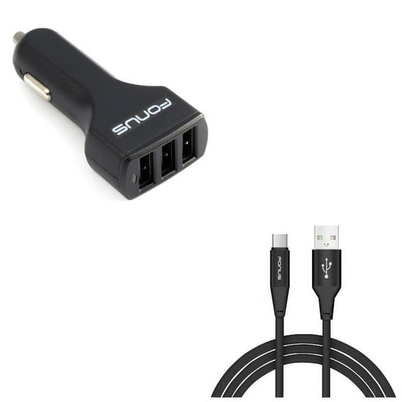 3-Port USB 36W Car Charger w Charger Cord Type-C 6ft USB Cable M1N for Acer Liquid Jade Primo - Alcatel PulseMix, 7, Idol 5S 5 4S - ASUS Zenfone V Live, ROG Phone, AR 6 5z 4 Pro