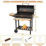 Charcoal Grill Outdoor Barrel Grill, 30 inch BBQ Grill with Warming Rack & Foldable Side Shelf, Offset Smoker Grill with Thermometer for Outdoor Cooking, Black