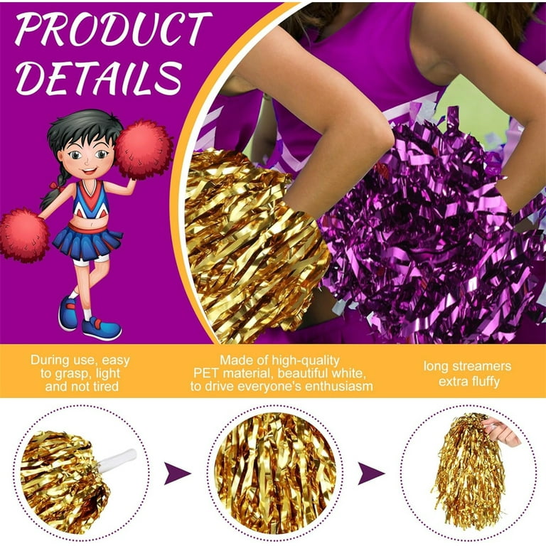 NOGIS 4 Pcs Cheerleading Pom Poms, Metallic Foil Handle NOGIS 4 Pcs Cheerleading Pom Poms, Metallic Foil Handle