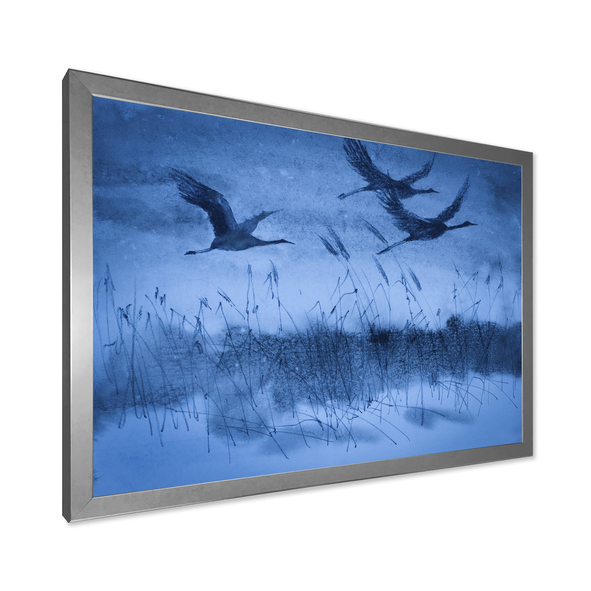 Cranes In Flight During Blue Evening Light 40 in x 30 in Framed Painting Canvas Art Print, by Designart