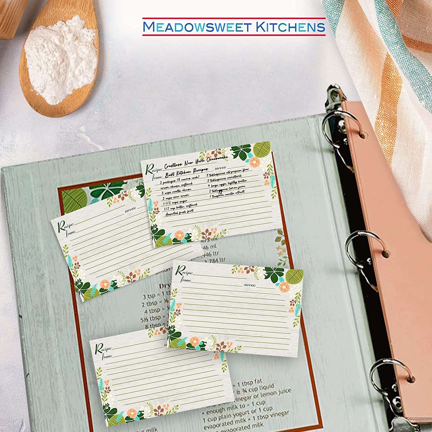 Meadowsweet Kitchens Recipe Card Set - 25 Double Sided Recipe Cards 4 x 6  Inch, Perfect Size Blank Cards for a Recipe Card Box, Make Your Own