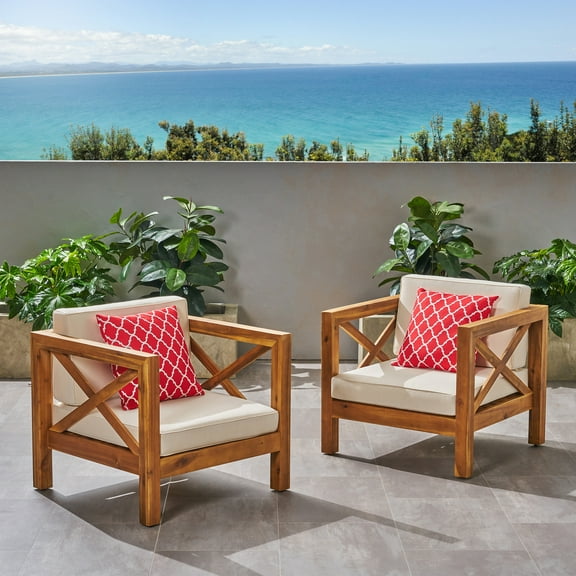 Indira Outdoor Acacia Wood Club Chairs with Cushions (Set of 2), Teak Finish and Beige