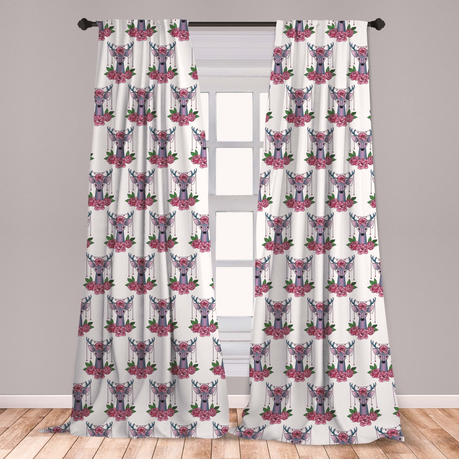 Tattoo Curtains 2 Panels Set, Deer Heads with Accessories Hanging from