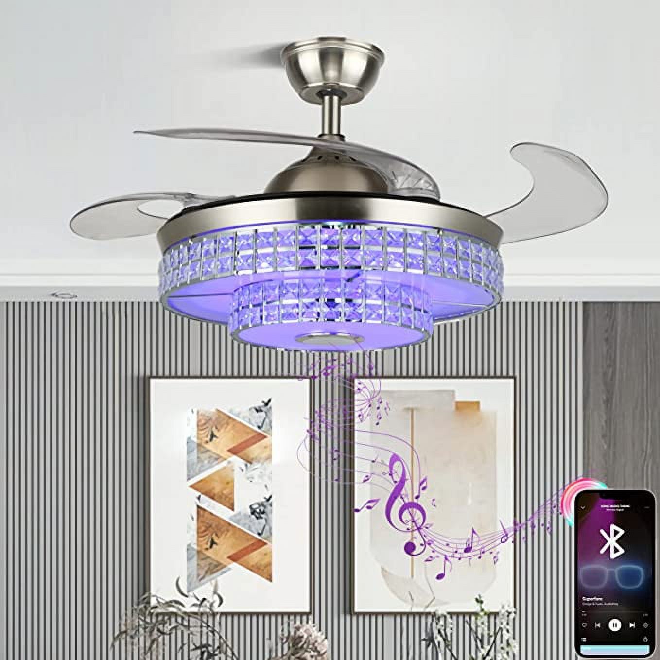 42 Inch Modern Chandelier Ceiling Fan With Lights & Bluetooth Speaker - Retractable Blades, Remote Control