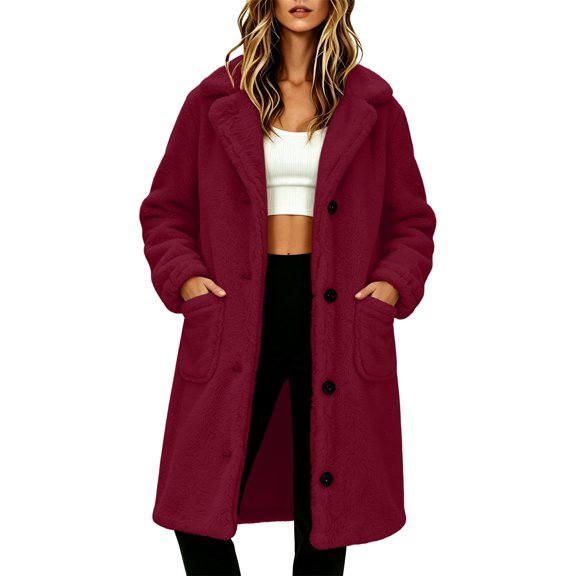 Women's Notched Lapel Teddy Fleece Long Coat Ghalytn Single Breasted Button Front Patch Pockets Loose Fit Winter Outerwear