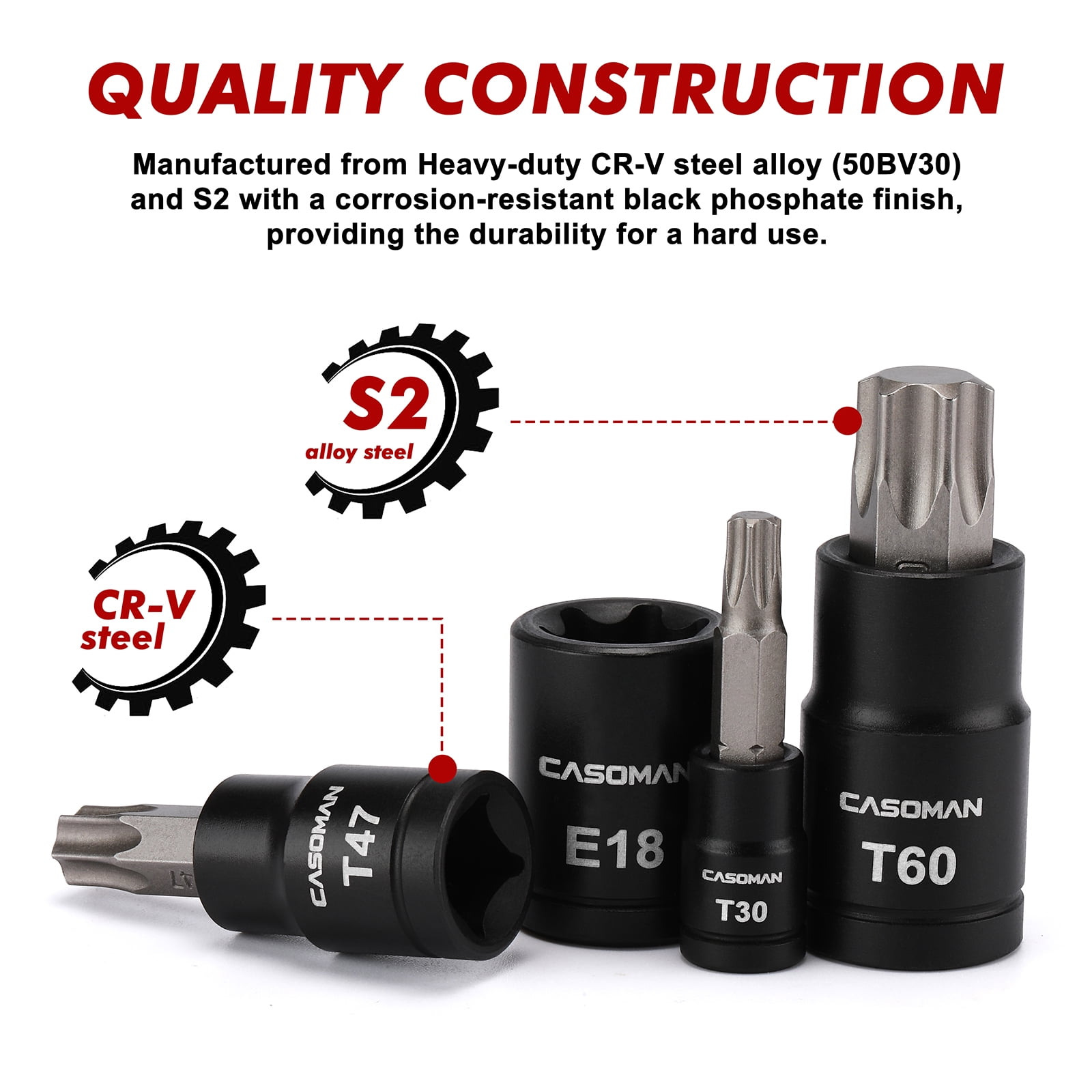 32-Piece Torx Bit Socket and Female External Socket Set, 14 Star Bits (T8- T70) and 13 Female E-Torx Sockets (E4-E24), Include 5 Impact Socket Adapter