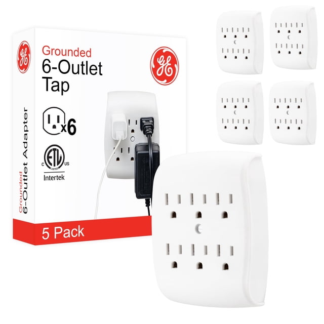 Extensor de enchufe de pared GE, 6 salidas, paquete de 5, color blanco 54853