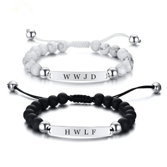 WWJD HWLF Bracelet Set,2Pcs Stainless Steel Adjusted Black White Beaded Onyx What Would Jesus Do He Would Love First Bracelets Inspirational Religious Reminder Jewelry