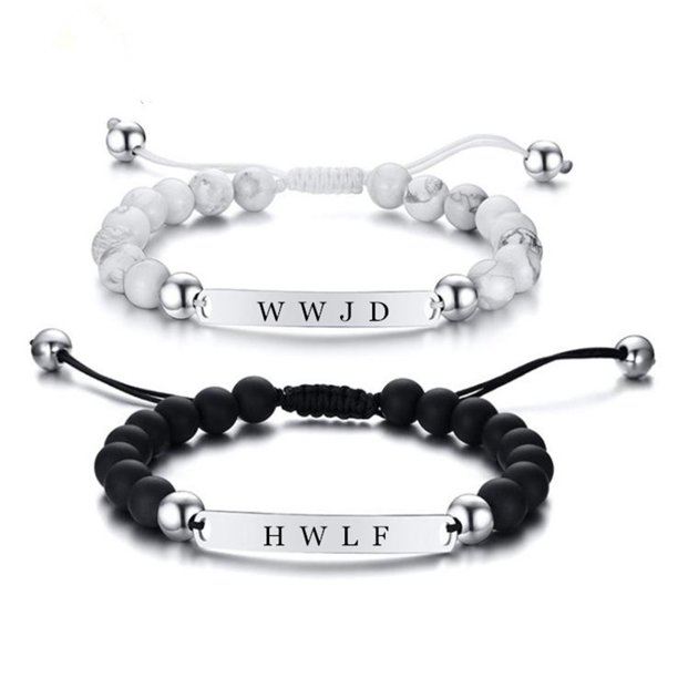WWJD HWLF Bracelet Set,2Pcs Stainless Steel Adjusted Black White Beaded