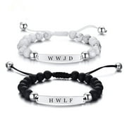 LIFASHION WWJD HWLF Bracelet Set,2Pcs Stainless Steel Adjusted Black White Beaded Onyx What Would Jesus Do He Would Love First Bracelets Inspirational Religious Reminder Jewelry