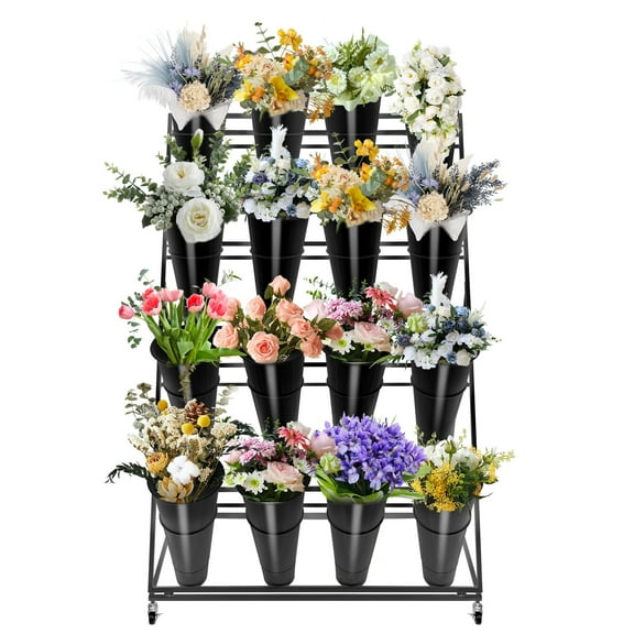 Flower Display Rack,4 Layers Metal Florist Bouquet Shelf with 16 Buckets,39.4 In * 59 In * 25.6 In,Moving Plant Stand with 4 Wheels,for Terrace Garden,Living Room,Florist Shop,Black