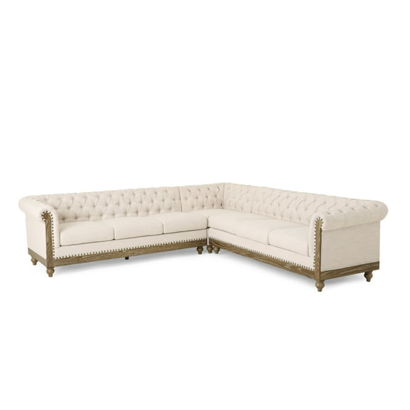 GDF Studio Batavia Chesterfield Tufted 7 Seater Sectional Sofa with Nailhead Trim, Beige Fabric and Dark Brown