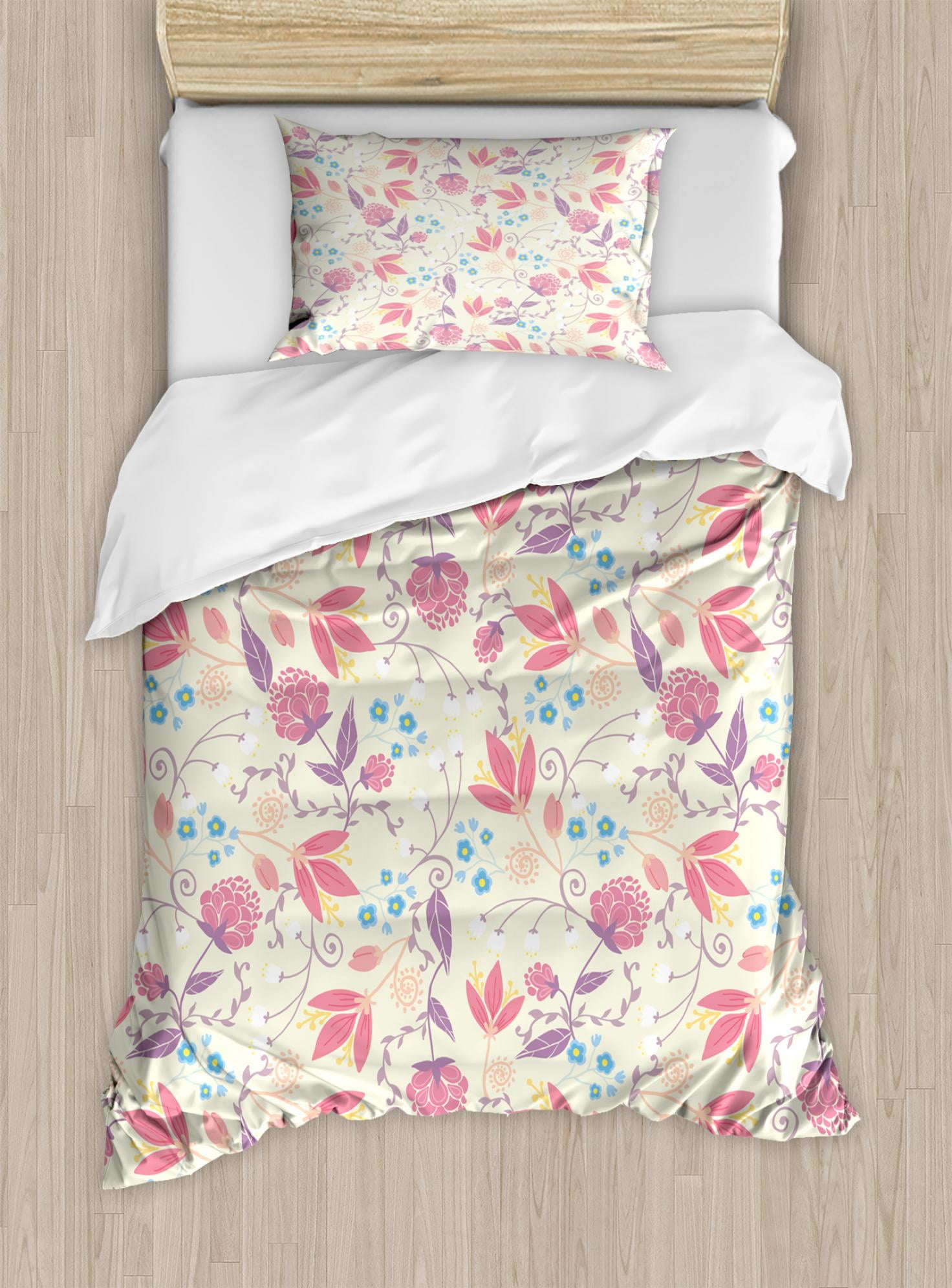 Pastel Duvet Cover Set, Fresh Spring Field Gardening Plants Flowers