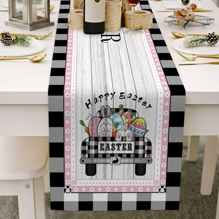 

Easter Table Runner Spring Farmhouse Style Gnome Egg Truck Rabbit Pattern Buffalo Check Cotton Linen Table Cloth Runners for Wedding Party Dinning 70 Inches