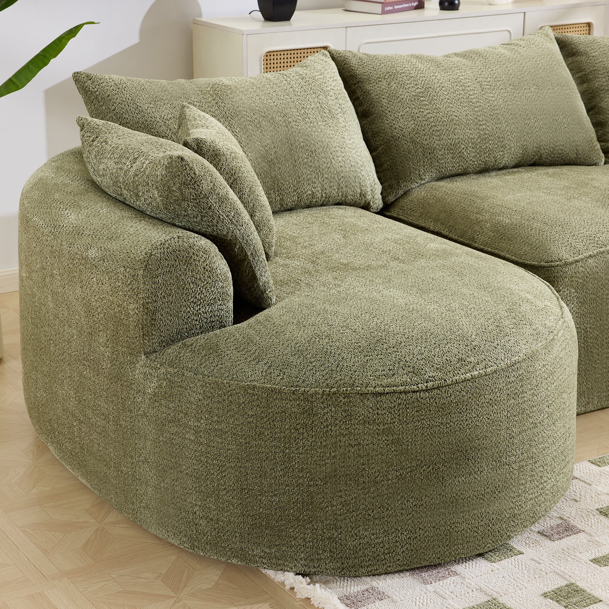Curved Boneless Sofa, Modern Chenille Fabric Sectional Sofa with 3 Back and 4 Throw Pillows, High-Resilience Sponge Support and Ergonomic Design, 124.5 Inch Large Capacity Sofa for Living Room, Green