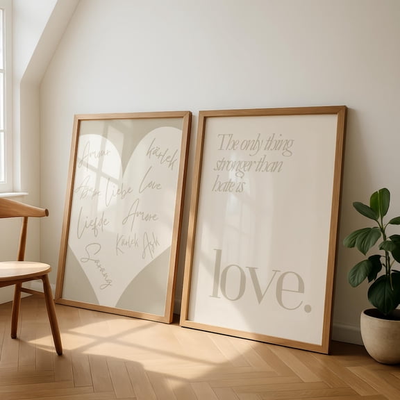 Neutral Love Wall Art Minimalist Typography Beige Heart Modern Romantic Bedroom Art Set 2 Unframed Paper Print 8x12