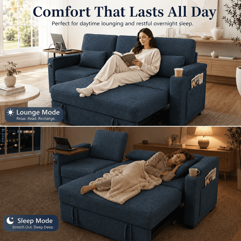 3-in-1 Convertible Sofa Bed, 3-Seater Chenille Couch with Adjustable Backrest, USB Charging Ports, Table Board and Storage Armrests, 81'' Foldable Sleeper Sofa for Living Room