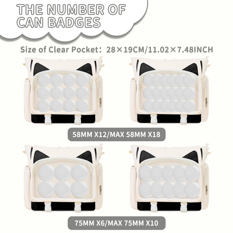 TINYAT Backpack for Women Cute Crossbody Bag DIY Kawaii Anime Y2K Cat Ita Bag for Shop Concert College White
