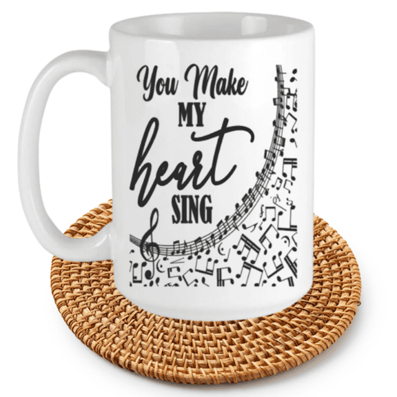 Keely's Coffee Mug Gift for Her, Ceramic Cup, Black and White, You Make My Heart Sing, 11 oz