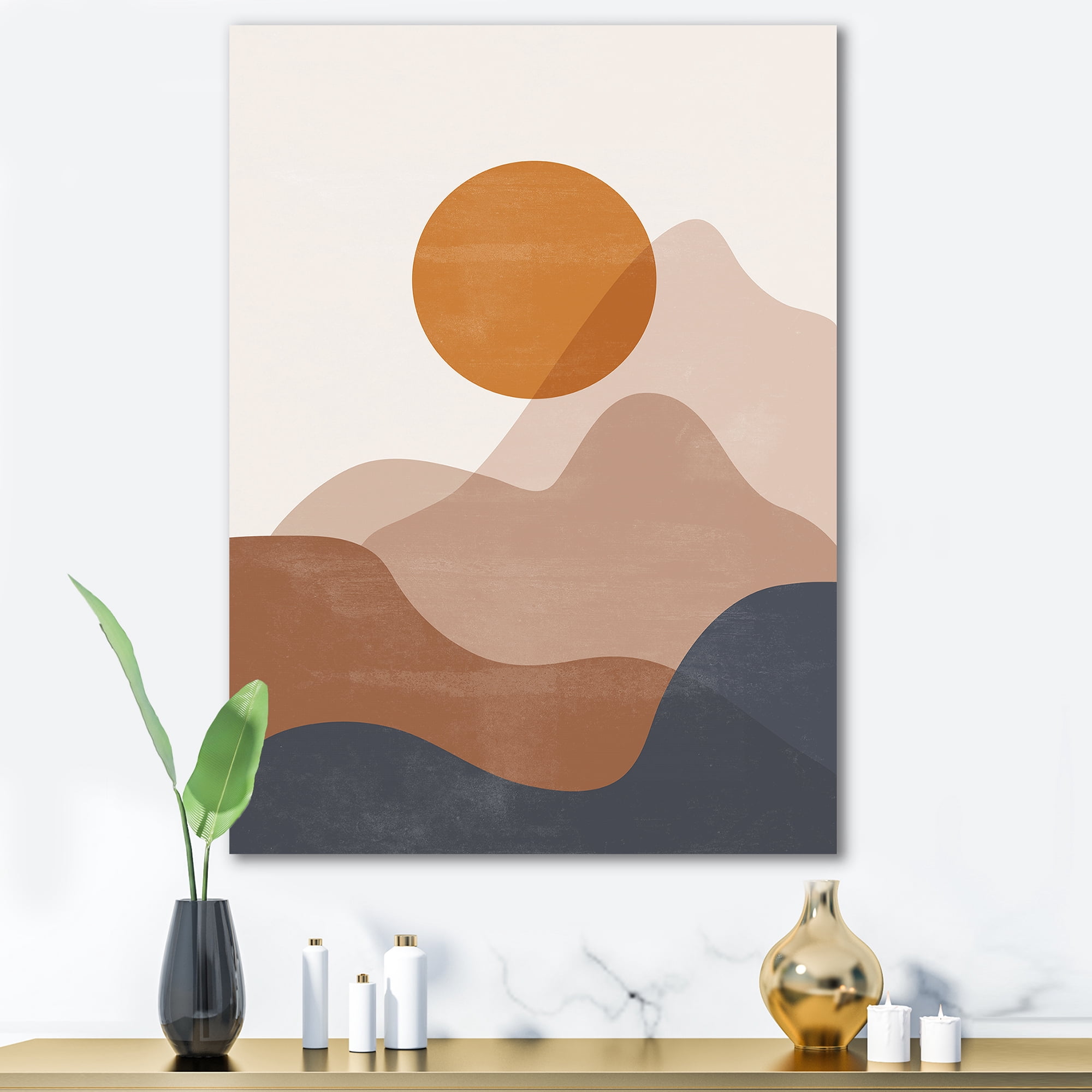 Designart ' Abstract Earth Toned Mountains With Red Moon II ' Modern Canvas Wall Art Print