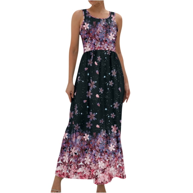 Robe Florale d'Été pour Femmes Mode Printemps/été Col Rond Décontracté Imprimé Sans Manches Robe Florale d'Été pour Femmes Robe d'Été Aguichant pour Femmes