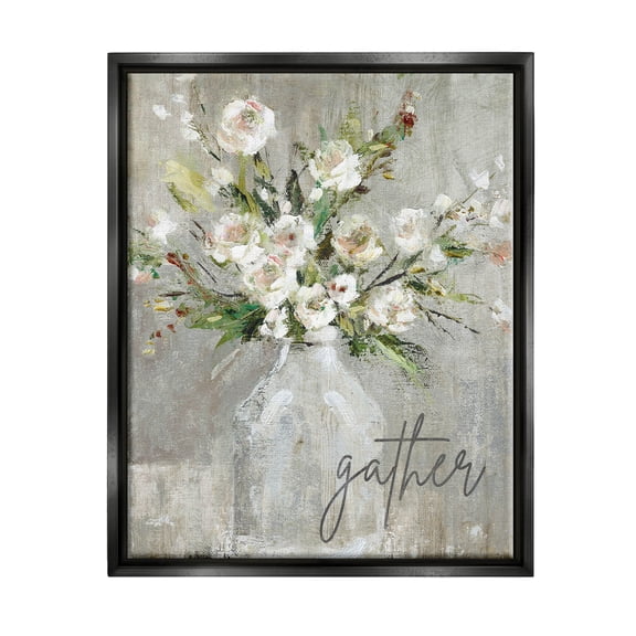 Stupell Industries Gather White Floral Bouquet Graphic Art Jet Black Floating Framed Canvas Print Wall Art, Design by Carol Robinson