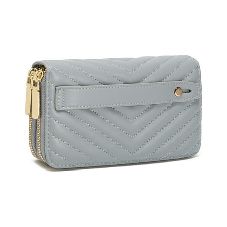 Daisy Rose Quilted Dual Zipper Wallet and Phone Clutch - RFID Blocking Hand Strap Zip Around Card Holder Organizer -PU Vegan Leather - Grey