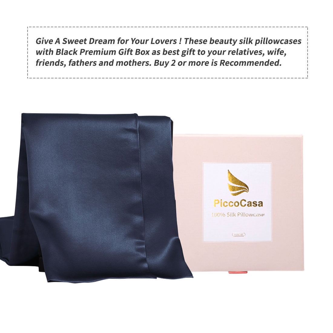 PiccoCasa 2 PCS Silk Pillowcase For Skin And Hair Silk Pillow Case Both Side Silk With Hidden Zipper Non-Standard Navy