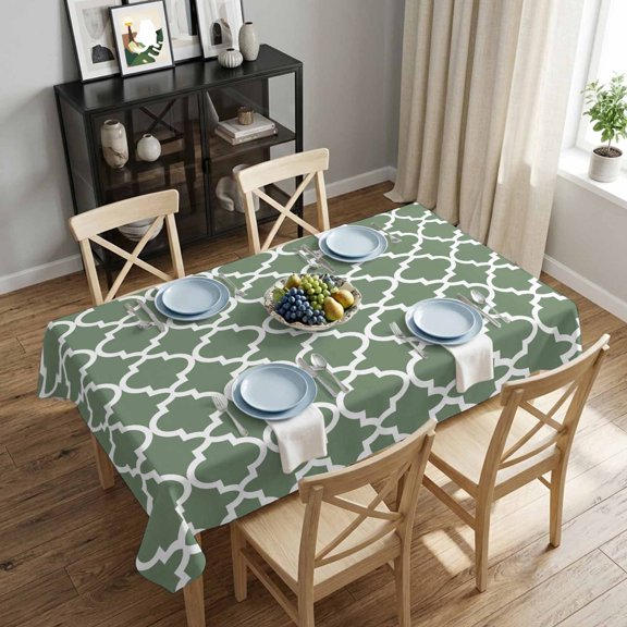 Sage Green White Geometric Rectangle Tablecloth 52x70 Inch Minimalist Morocco Pattern Waterproof Polyester Table Cover, Washable Stain Resistant Tablecloth for Dining Table Kitchen Wedding