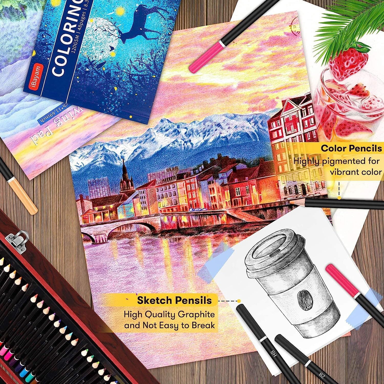 123 Piece Deluxe Art Set, Wooden Box & Drawing Kit with Crayons, Oil Pastels, Colored Pencils, Watercolor Cakes, Sketch Pencils, Paint Brush, Sharpener, Eraser for Girls Boys 6-8 9-12 13 14 Year Old