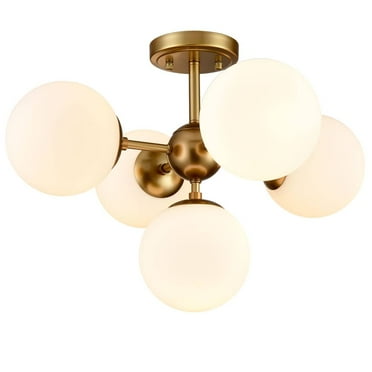 Claxy 5-Light Brass Semi Flush Mount Light with Sputnik Globe Milk Glass Shade