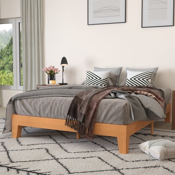 Merrick Lane Platform Bed Frame, Natural Pine Finish Wood Full Size Platform Bed Frame With Slatted Support, No Box Spring Needed