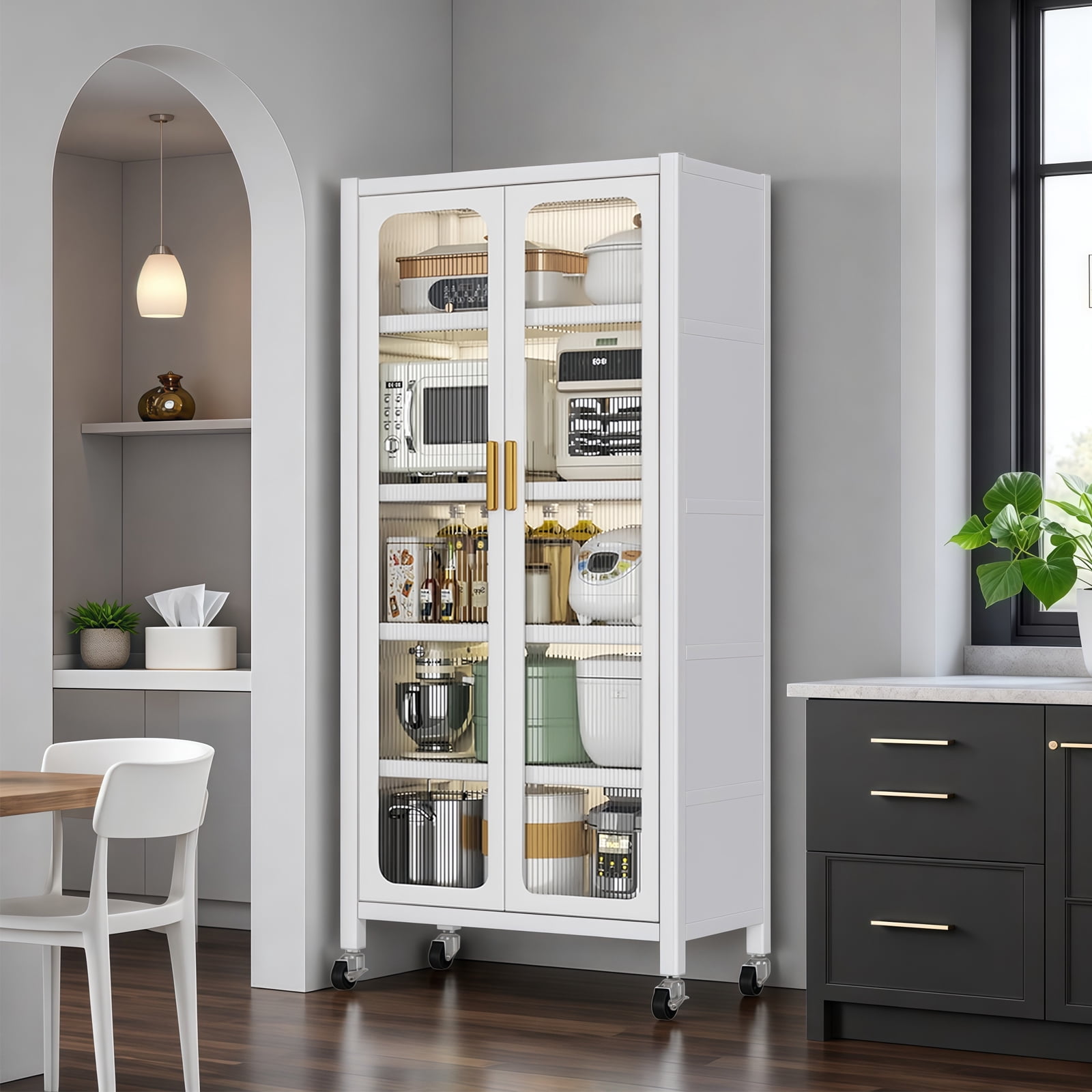 65" Kitchen Pantry Storage Cabinet, 6 Tier Metal Display Storage Cabinet with Transparent Door, Adjustable Shelves & Wheels, Food Pantries Cabinets, for Kitchen, Living Room and Dining Room, White