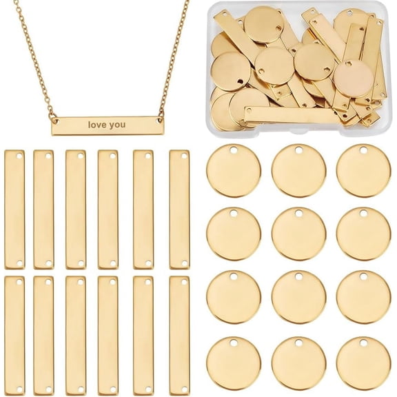 48Pcs 2 Styles Blank Charms 304 Stainless Steel Rectangle Flat Round Golden Stamping Tag for Jewelry Making Bracelet Necklace 1set