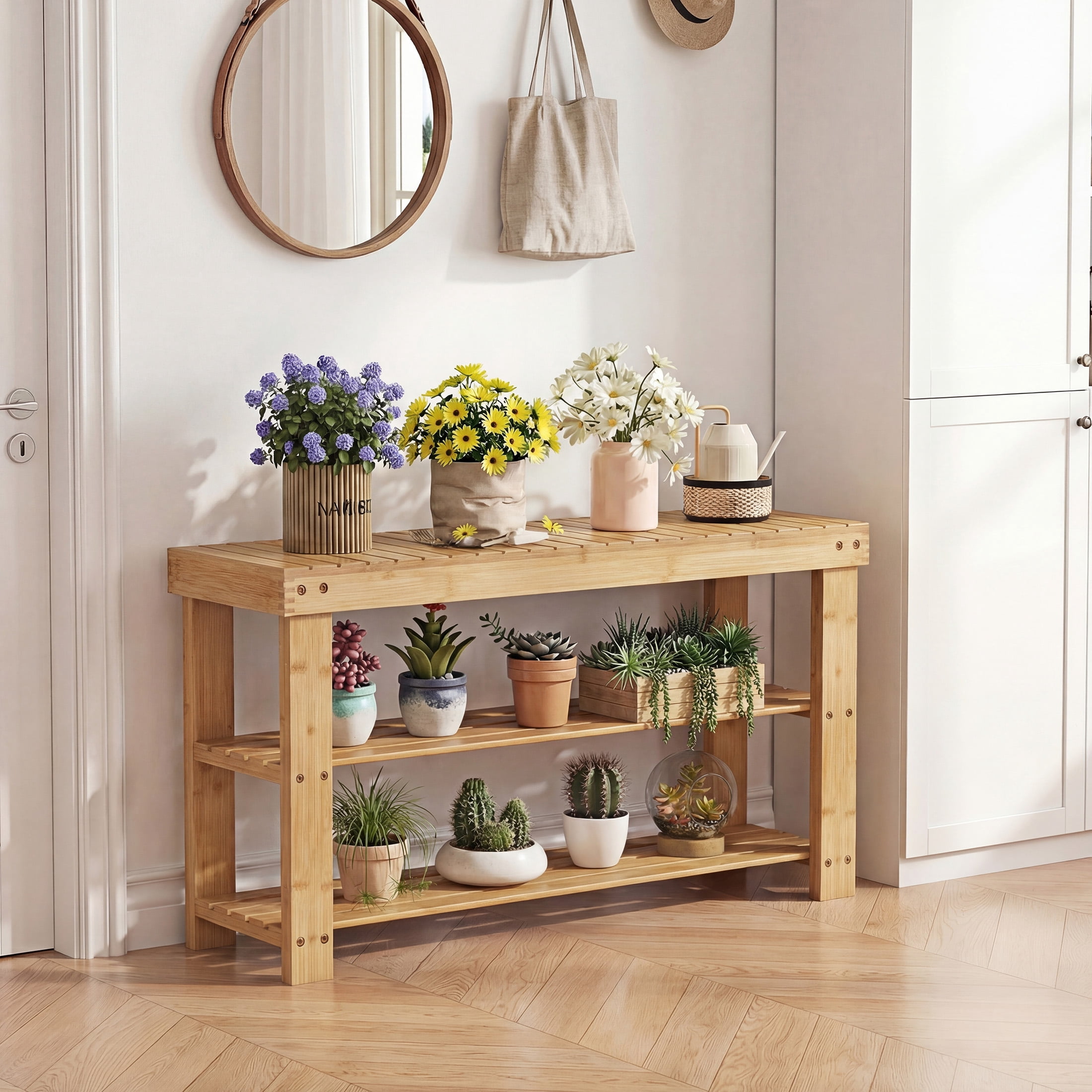 CONCETTA 19-In Bamboo Shoe Rack & Bench, 3-Tier 280 lb Capacity Storage Organizer for Entryway, Living Room, Balcony, Wood