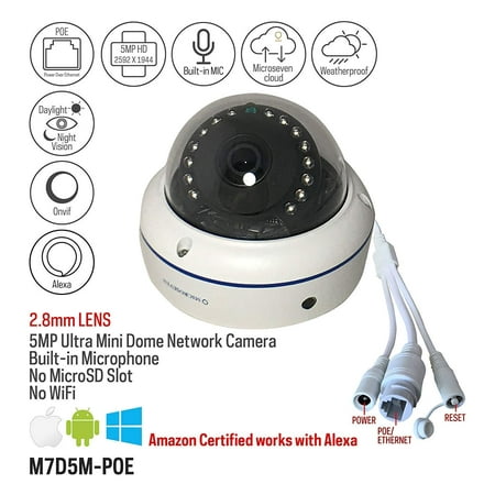 Microseven 5MP DOME POE IP Camera Security Outdoor 5 Megapixels Super HD 2592x1944 H.265 Audio Built-in Mic IR Night Vision IP66 Vandal-Proof Dome Camera, ONVIF, Motion,Free 24hr Cloud Storage,