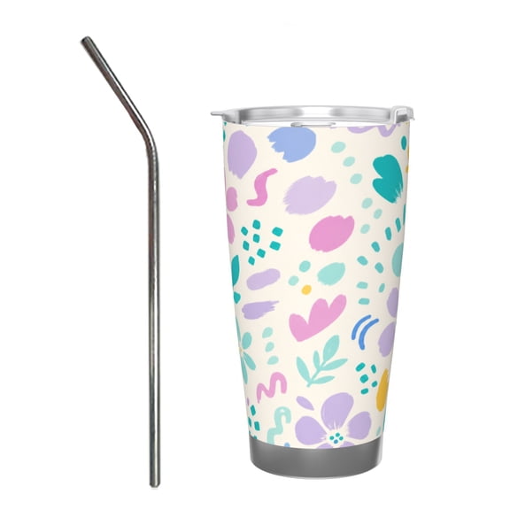 20oz Pastel Abstract Floral Brush Insulated Tumbler with Handle and Straw Travel Cup Car Cup with Stainless Steel Straw
